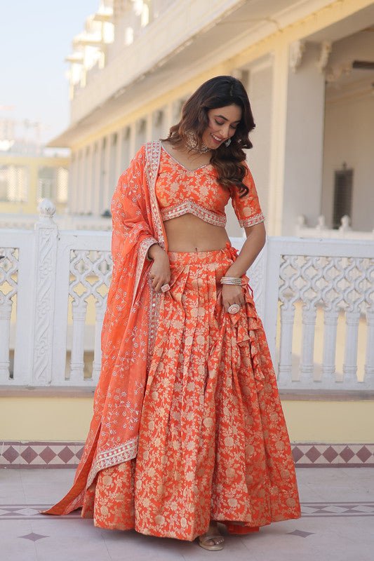 Aastha Fashion Women s Orange Georgette Pure Dyable Viscose Jacquard With Embroidered Sequins work Lehenga Choli For Cheap