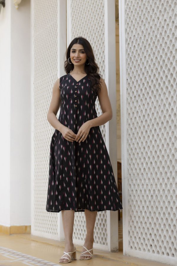 Women Black Ikat Printed Sleeveless A-Line Dress - Rasiya Sale