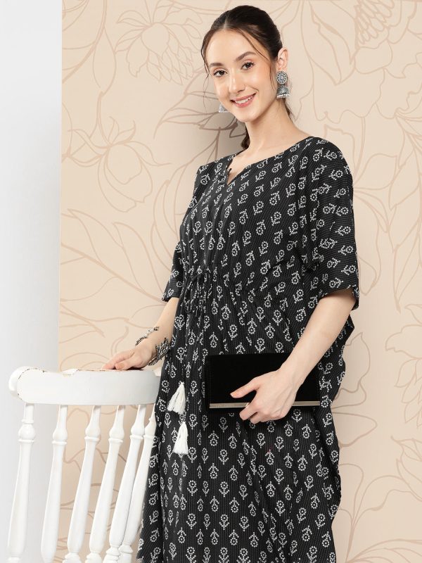 Women Black Ethnic Printed Kaftan - Rasiya on Sale