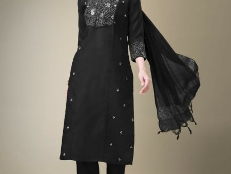 Jyoti Fashion Women s Black Cotton Blend Embroidery & Fancy Lace work Kurta with Trouser & Dupatta For Sale