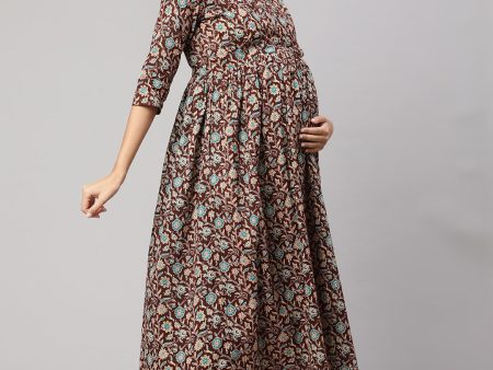 Women Brown Floral Printed Flared Maternity Dress - Rasiya Supply