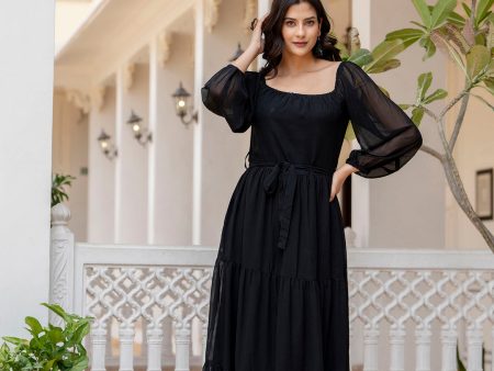 Women Black Georgette Flared Dress - Rasiya For Sale