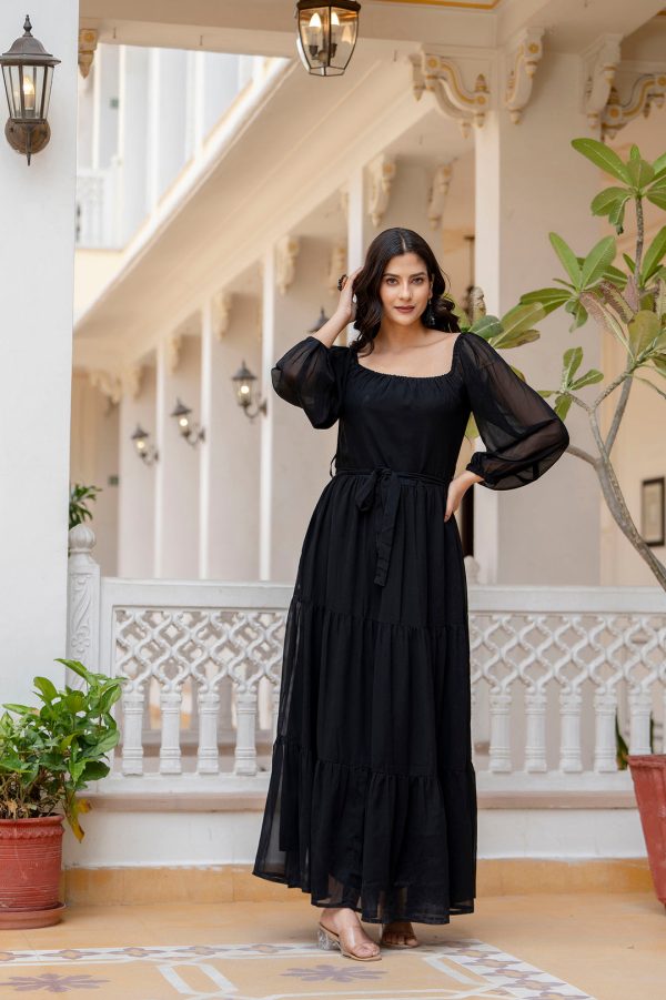 Women Black Georgette Flared Dress - Rasiya For Sale