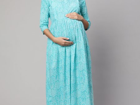 Women Sky Blue Printed Flared Maternity Dress - Rasiya For Cheap