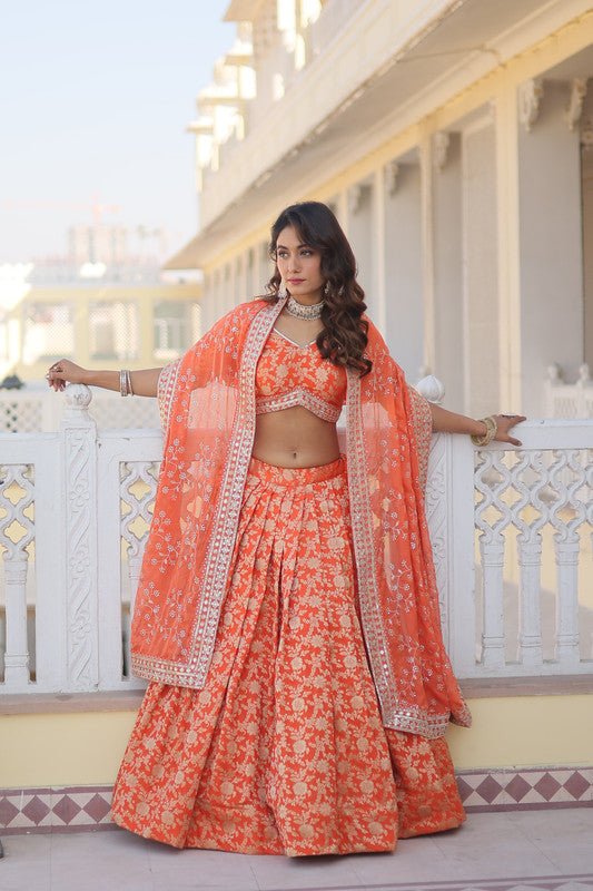 Aastha Fashion Women s Orange Georgette Pure Dyable Viscose Jacquard With Embroidered Sequins work Lehenga Choli For Cheap