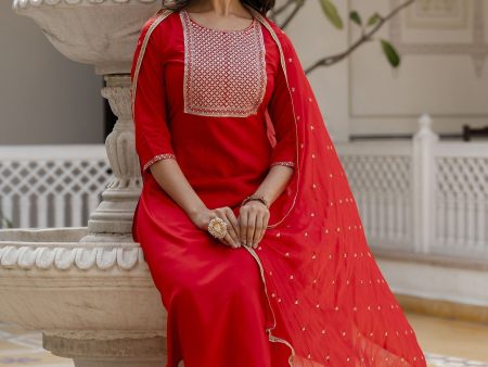 Women Red Embroidered Straight Kurta With Palazzo And Net Dupatta - Rasiya Online Sale