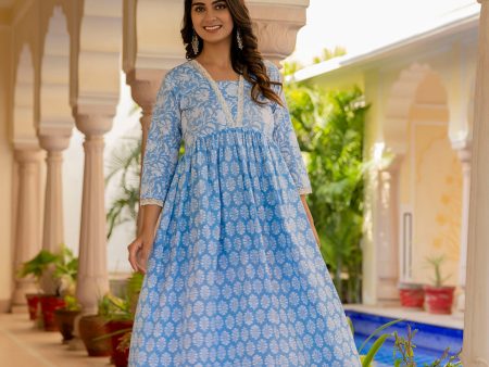 Women Blue Ethnic Printed Flared Dress - Rasiya Online