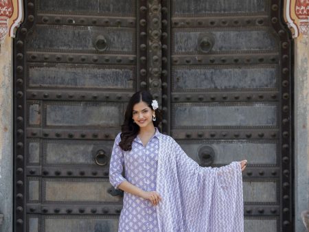 Women Purple Printed Straight Kurta And Trouser With Dupatta - Rasiya For Discount