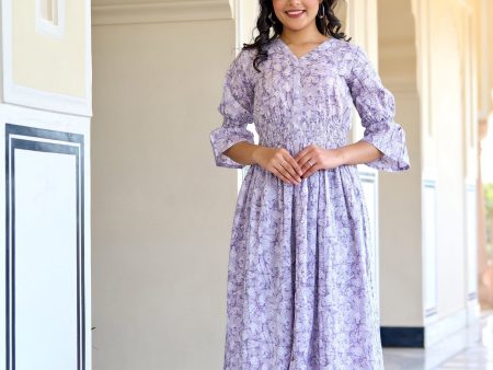 Women Purple Printed Flared Dress - Rasiya For Sale