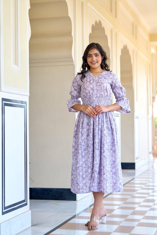 Women Purple Printed Flared Dress - Rasiya For Sale