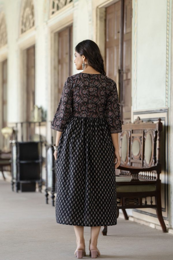 Women Black Ethnic Printed Flared Dress - Rasiya Online Hot Sale