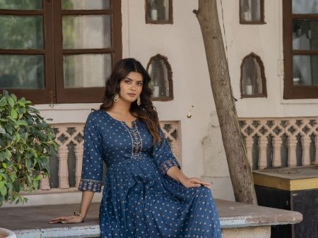 Women Blue Ethnic Motifs Printed Flared Dress - Rasiya on Sale