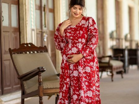 Women Red Printed Flared Maternity Dress - Rasiya Online Sale