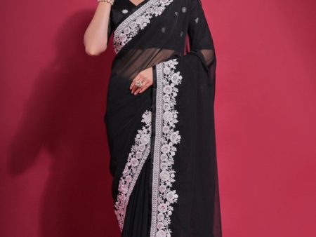 Jyoti Fashion Women s Black Coding Work Georgette Saree with Blouse Online Hot Sale