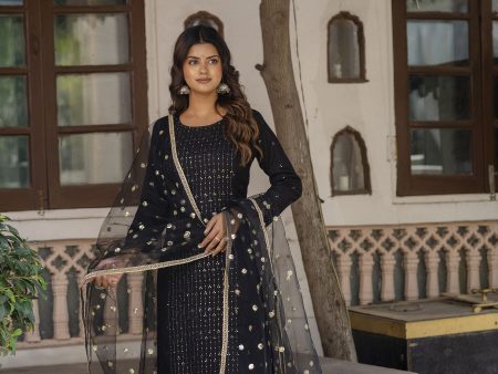 Women Black Embroidered Straight Kurta With Trouser And Net Dupatta - Rasiya Online