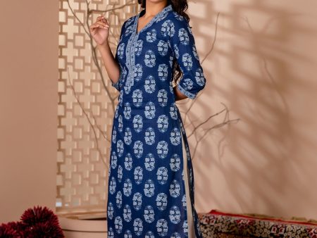 Women Blue Printed Straight Kurta with Three Quarter Sleeves - Rasiya Online now