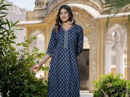 Women Blue Ethnic Printed Straight Kurta with Three Quarter Sleeves - Rasiya Supply