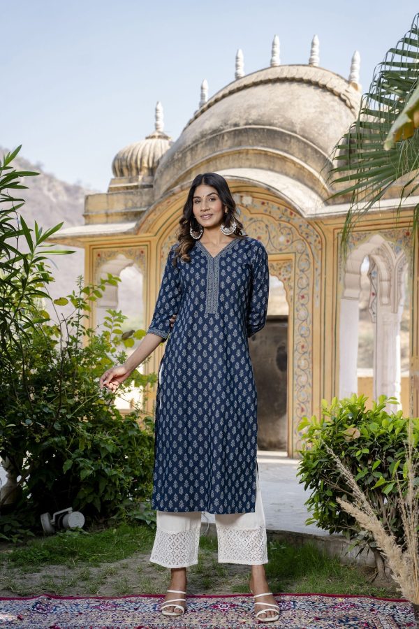 Women Blue Ethnic Printed Straight Kurta with Three Quarter Sleeves - Rasiya Supply