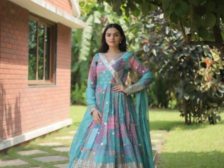 Jyoti Fashion Women s Sky Blue Russian Silk Digital Print with Embroidered Anarkali Dress with Dupatta on Sale