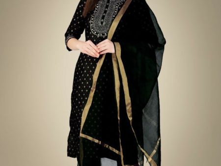 Jyoti Fashion Women s Black Cotton Magic Slub Embroidery & Sequence work Kurta with Trouser & Dupatta Online now