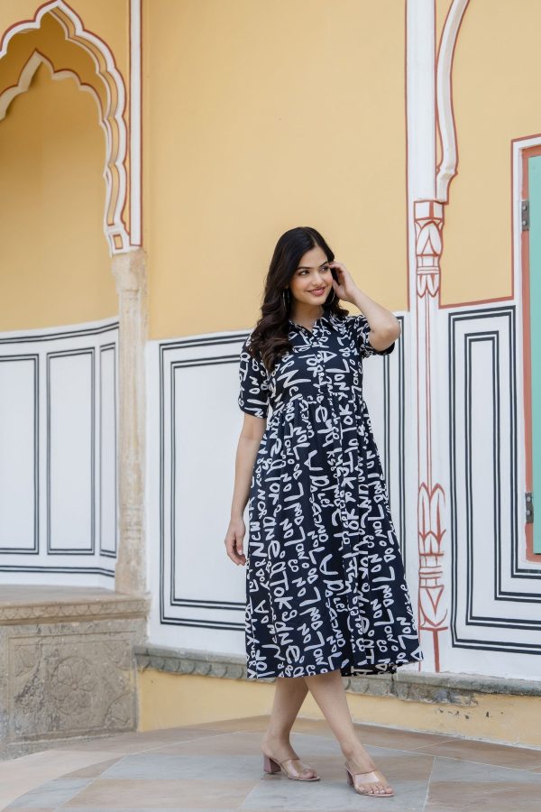 Women Black Abstract Printed Midi Dress - Rasiya on Sale