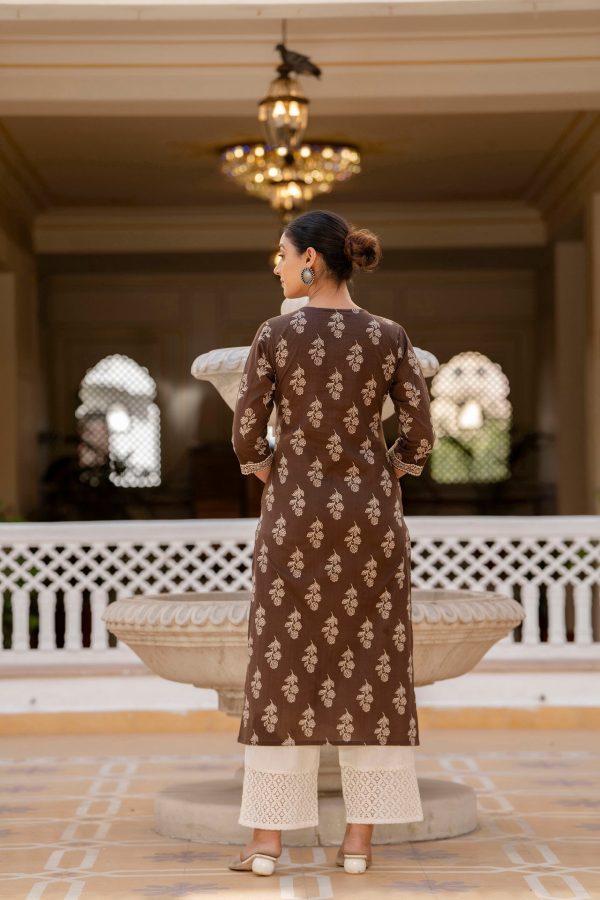 Women Brown Ethnic Printed Straight Kurta with Three Quarter Sleeves - Rasiya Online