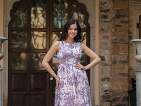 Women Purple Abstract Printed Sleeveless Midi Dress - Rasiya For Sale