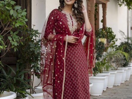 Women Burgundy Embroidered Straight Kurta With Trouser And Net Dupatta - Rasiya Discount