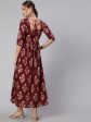 Women Burgundy Printed Flared Dress With Three quarter Sleeves - Rasiya Fashion