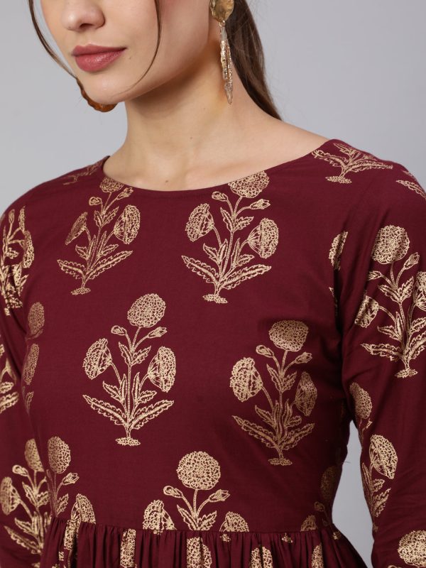 Women Burgundy Printed Flared Dress With Three quarter Sleeves - Rasiya Fashion