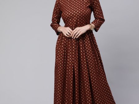 Women Brown Printed Flared Dress With Three quarter Sleeves - Rasiya Online Sale