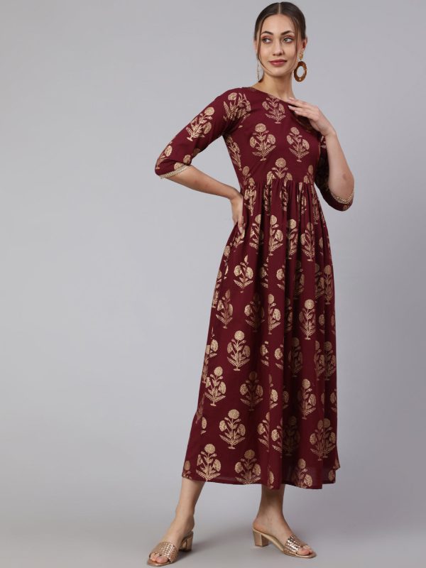 Women Burgundy Printed Flared Dress With Three quarter Sleeves - Rasiya Fashion