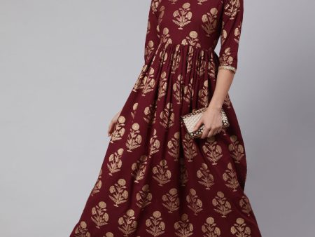 Women Burgundy Printed Flared Dress With Three quarter Sleeves - Rasiya Fashion