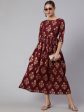 Women Burgundy Printed Flared Dress With Three quarter Sleeves - Rasiya Fashion