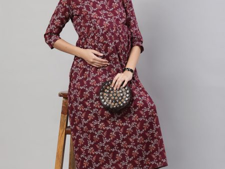 Women Burgundy Printed Flared Maternity Dress - Rasiya Online Sale