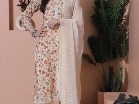 Jyoti Fashion Women s Beige Cotton Floral Digital Printed Kurta with Trouser & Dupatta For Cheap