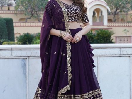 Aastha Fashion Women s Wine Faux Blooming Georgette With Heavy Sequins Embroidered work Lehenga Choli Online Sale