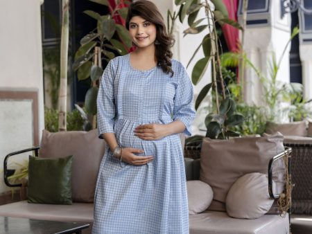 Women Blue Printed Flared Maternity Dress - Rasiya For Discount