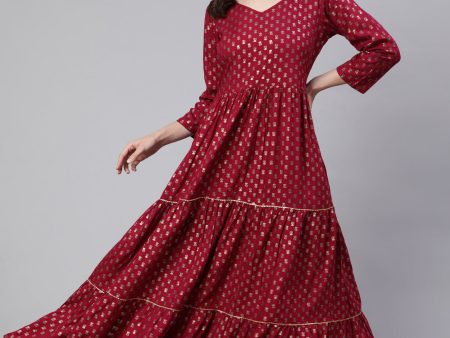 Women Burgundy Printed Flared Dress With Three quarter Sleeves - Rasiya For Sale