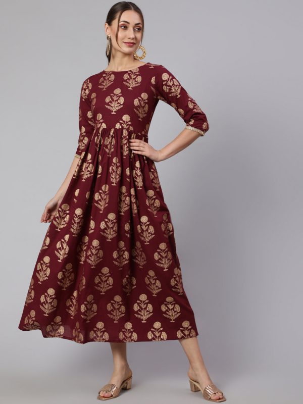 Women Burgundy Printed Flared Dress With Three quarter Sleeves - Rasiya Fashion