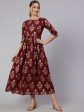 Women Burgundy Printed Flared Dress With Three quarter Sleeves - Rasiya Fashion