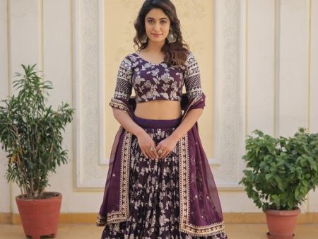 Aastha Fashion Women s Wine Georgette Pure Dyable Viscose Jacquard With Embroidered Sequins work Lehenga Choli Online Sale