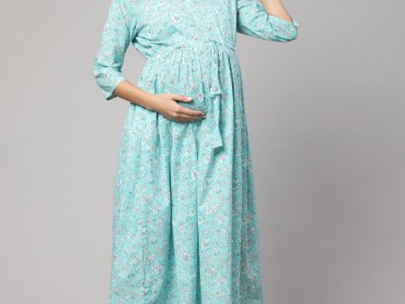 Women Blue Floral Printed Flared Maternity Dress - Rasiya Sale